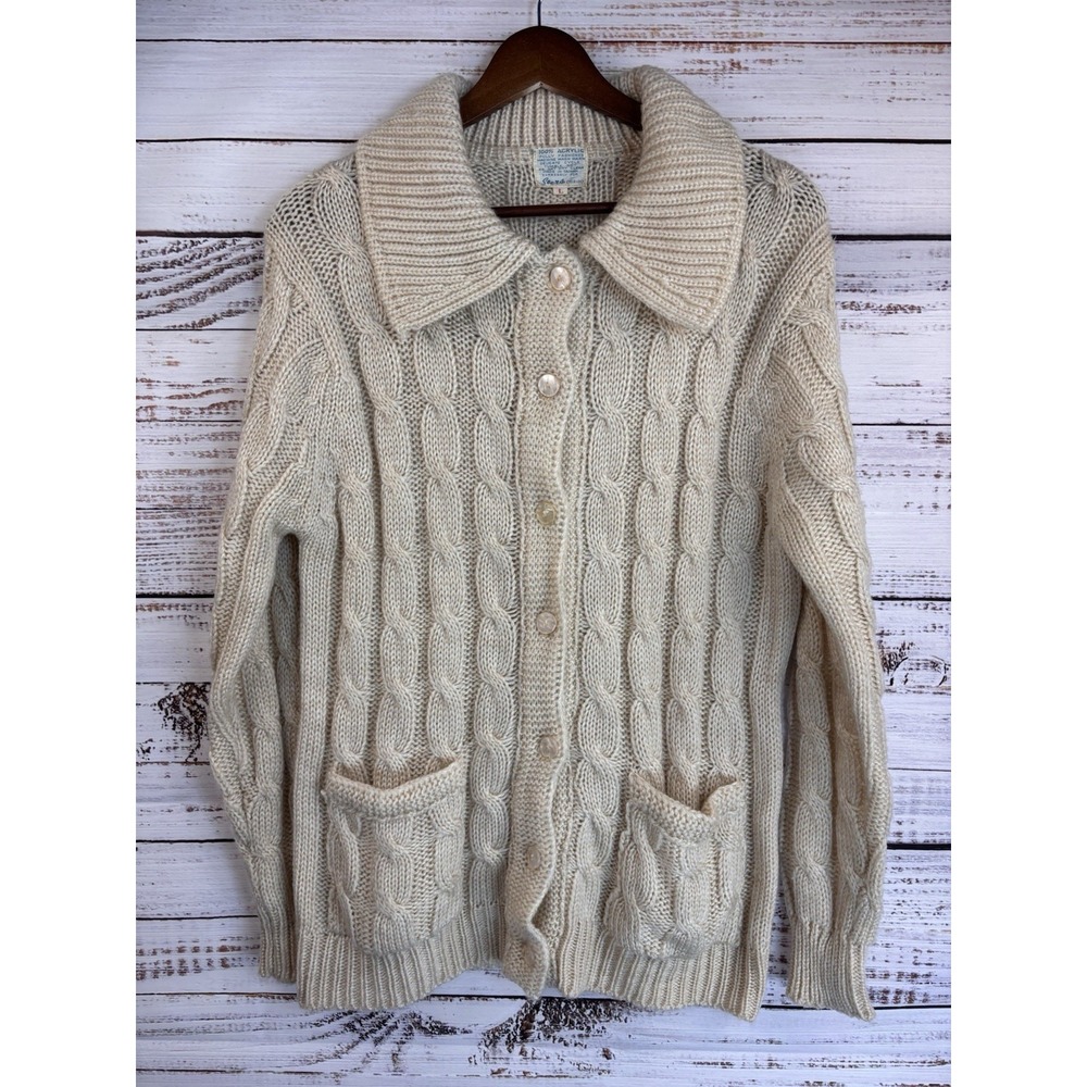 Vintage 70s Sears Cardigan Sweater L Beige‎ Fisherman Knit Pockets Wide Collar